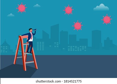 Business vision new normal vector concept: Businessman wearing face mask and standing on ladder while looking at coronavirus with a telescope