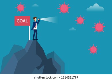 Business vision new normal vector concept: Businessman standing on the mountain peak while looking at coronavirus with a telescope