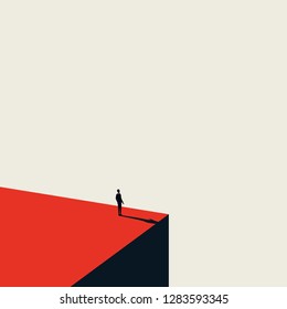 Business vision and opportunity vector concept in minimalist art style. Businessman standing on the edge of cliff looking ahead. Symbol of future, career opportunity success. Eps10 vector illustration