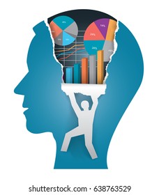 Business vision, paper head concept.
Stylized Male head in profile with economy charts and  silhouette ripping paper background. Vector available.