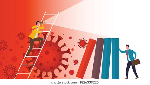 Business vision, protection against virus and risks entrepreneurs and businesses from to outbreak coronavirus. Businessman holds columns graph that have fallen as result effects virus global crisis.