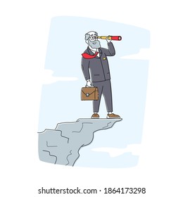 Business Vision, Recruitment Employee, Business Character Visionary Forecast Prediction. Businessman with Briefcase in Hand Stand on Mountain Top Watching to Spyglass. Linear Vector Illustration