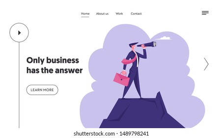 Business Vision, Recruitment Employee Website Landing Page. Businessman with Briefcase in Hand Stand on Mountain Top Watching to Spyglass. Prediction Web Page Banner. Cartoon Flat Vector Illustration
