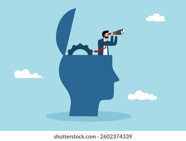 Business vision to see future opportunity, challenge to overcome difficulty to see real visionary concept. Smart businessman with binoculars open his head above cloud storm for clear vision.