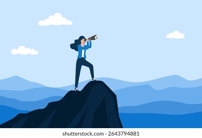 Visão de negócios para ver a jornada para o sucesso, descobrir novas oportunidades, procurar empregos, sucesso futuro ou meta de carreira, conceito de missão de liderança, telescópio de vigia para empresárias no pico da montanha superior.