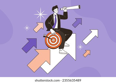 Business vision to see opportunity. career achievement. vision and profit. Businessman looks through binoculars. Investor standing on upward arrow. Looking through a telescope. vector Illustration.