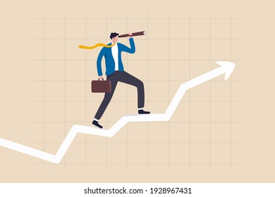 Business vision to see opportunity, investor fortune or profit growth, career achievement concept, smart businessman manager using telescope to see future standing on top of rising arrow market graph.