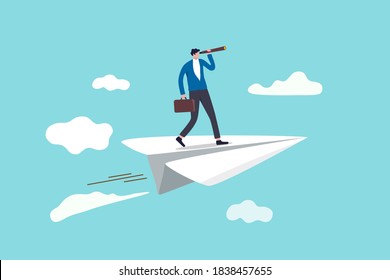 Business vision to see opportunity or strategy, discovery or visionary to look forward in business concept, confidence businessman leader on flying high paper plane looking forward through telescope.