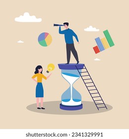 Business vision to see opportunity or strategy, discover new solution or idea, curiosity, searching for success concept, businesspeople with binoculars, lightbulb.