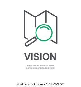 Business vision sign with travel map vector line icon flat illustration. Peace of paper with goal in some location. Logo template for navigation business concept. View through magnify glass. V3 SET3