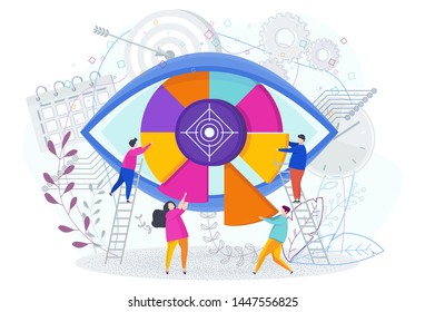 Business vision statement concept with eye icon. Tiny people connecting eye elements.