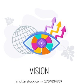 Business vision statement. Eye out of segments. Development directions of company in market. Word vision typographic concept. Trendy flat vector style illustration for presentations, web pages, sites.