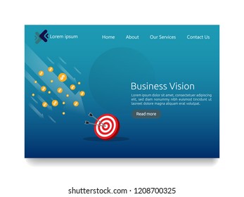 Business vision strategy concept. arrow to achievement goal target. financial success analysis. successful investment income profit. banner flat style for web landing page vector illustration.