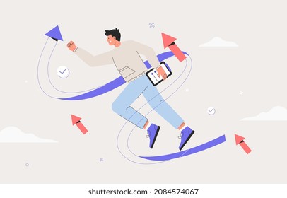 Business vision, strategy success concept. Launching a business project, businessman on the way to a goal, successful startup. Flat style vector illustration.