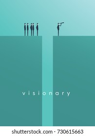 Business vision, strategy, success, leadership vector concept with businessman standing in front of team on the other side of gap with telescope. Eps10 vector illustration.