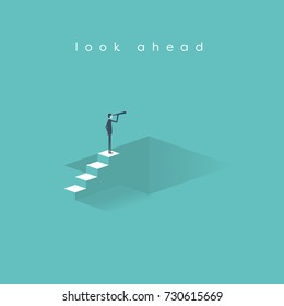 Business vision, strategy, success vector concept with businessman standing on top of stairs above hole with telescope looking ahead. eps10 vector illustration.