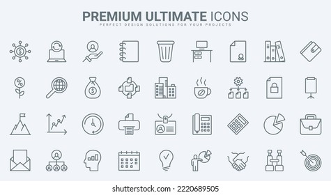 Business vision, success company mission thin line icons set vector illustration. Abstract outline office innovation in statistics system and target marketing, time management and finance projects