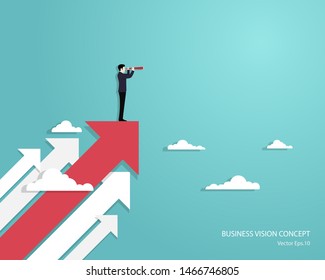 Business vision and target, Businessman holding telescope standing on red arrow up go to success in career. Concept business, Achievement, Character, Leader, Vector illustration flat