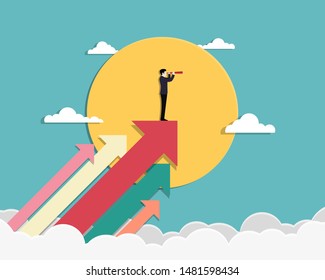 Business vision and target. Businessman holding telescope standing on arrow up go to success in career. Concept business, Achievement, Character, Leader, Vector illustration flat