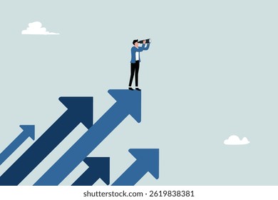 Business vision and target, Businessman man holding telescope standing on blue arrow sign towards success in career. Business concept, Achievement, Character, Leader, Vector illustration.