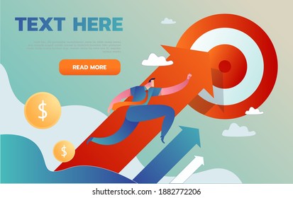 Business vision and target, Businessman raise hand to red arrow go to success in career. Concept business, Achievement, Character, Leadership, Vector illustration flat.