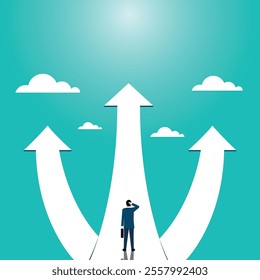 Business vision and target, businessman standing on way arrow looking up go toward career success. business options. concept business, achievement, character, leader, vector illustration flat