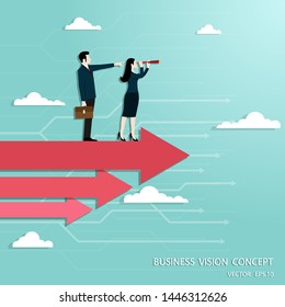 Business vision and target, Businessman and Business woman holding telescope standing on red arrow up go to success in career. Concept business, Achievement, Character, Leader, Vector flat