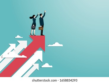 Business vision and target, Businessman and woman raise hand standing on red arrow go to success in career. Concept business, Achievement, Character, Leadership, Vector illustration flat