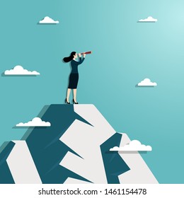 Business vision and target. Businesswoman hold telescope standing on top of mountain looking to success in career. Concept business, Achievement, Character, Leader, Vector illustration flat