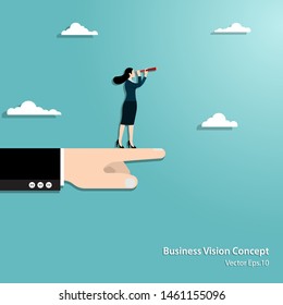 Business vision and target. Businesswoman hold telescope standing on hand looking to success in career. Concept business, Achievement, Character, Leader, Vector illustration flat