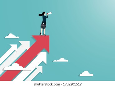 Business vision and target, a businesswoman holding megaphone standing on red arrow up go to success in career. Concept business, Achievement, Character, Leader, Vector illustration flat