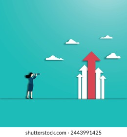 Business vision and target, A businesswoman holding a telescope standing looking at the red arrow up toward career success. Concept business, Achievement, Character, Leader, Vector illustration flat