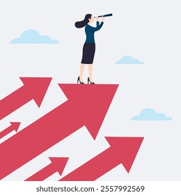 Business vision and target, businesswoman holding a telescope standing on red arrow looking up go toward career success. concept business, achievement, character, leader, vector illustration flat