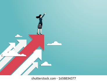 Business vision and target, A businesswoman raise hand standing on red arrow go to success in career. Concept business, Achievement, Character, Leadership, Vector illustration flat