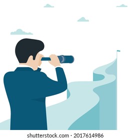 Business vision and target. Business man holding telescope standing on top of mountain looking to success in career. Concept business, Achievement, Character, Leader, Vector illustration flat