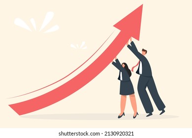 Business vision and target, Business man and woman helping each other put up red arrow up go to success in career. Concept business, Achievement, Character, Leader, Vector illustration flat