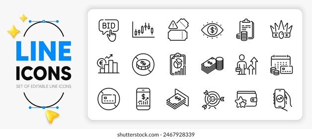 Business vision, Target and No card line icons set for app include Mobile finance, Accounting, No cash outline thin icon. Crown, Report, Candlestick graph pictogram icon. Vector