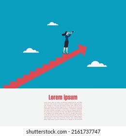 Business vision and target, Business woman holding telescope standing on red arrow up go to success in career. Concept business, Achievement, Character, Leader, Vector illustration flat