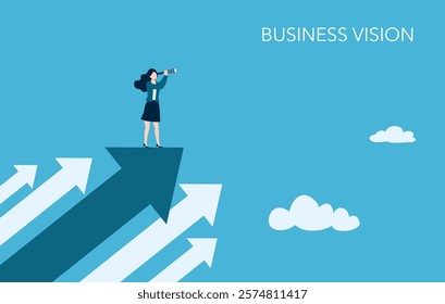 Business vision and target, Business woman holding telescope standing on arrow up go to success in career. Concept business, Achievement, Character, Leader, Vector illustration flat