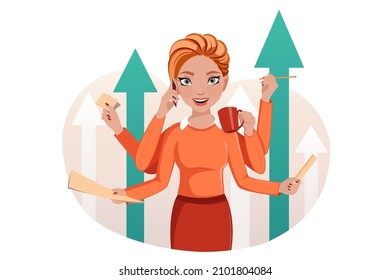 Business vision and target, Business woman Leader with arrow up go to success in career. Vector illustration