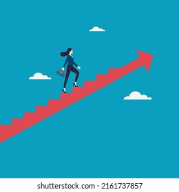 Business vision and target, Business woman walking on red arrow stair up go to success in career. Concept business, Achievement, Character, Leader, Vector illustration flat