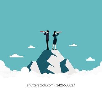 Business vision, Business team searching for success, Business man and woman standing on top of the mountain using telescope looking for success, Concept business, Vector illustration flat