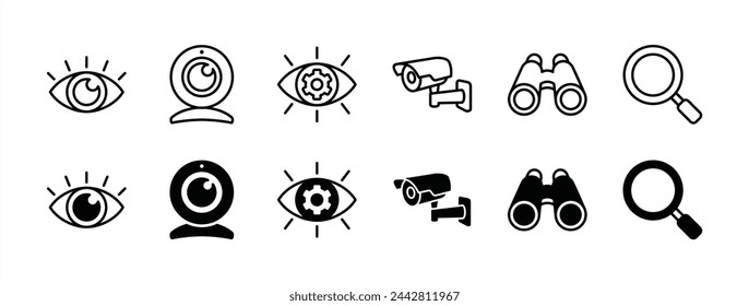 Conjunto de iconos de línea delgada de visión empresarial. Conteniendo ojo, vista, cámara web, cámara de circuito cerrado de televisión, telescopio, binoculares, lupa de búsqueda, ojo con engranaje. ilustración vectorial