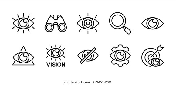 Conjunto de Vector de icono de línea delgada de visión de negocios. Contiene búsqueda, mirada, vista ocular, búsqueda, telescopio, ciego, encuadre, objetivo, observación, vista, visibilidad, ver, observar, espiar, investigar