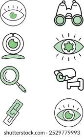 Icono de línea delgada de visión de negocios con fondo blanco. Contiene ojo, vista, webcam, CCTV, cámara, telescopio, binoculares, lupa de búsqueda, ojo con equipo. Ilustración vectorial