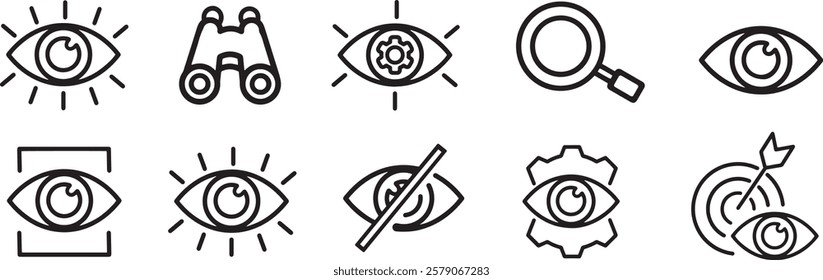 Business vision thin line icon vector set. Visible vector icon. search, look, eye view, searching, telescope, blind, find setting, investigate, target, watching, observe, spy, eyesight, visibility