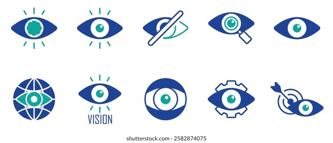 Business vision thin line icon vector set. Containing search, look, eye view, searching, telescope, blind, find setting, target, watching, eyesight, visibility, see, observe, spy, investigate, stock.