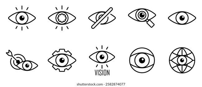 Business vision thin line icon vector set. Containing search, look, eye view, searching, telescope, blind, find setting, target, watching, eyesight, visibility, see, observe, spy, investigate, stock.