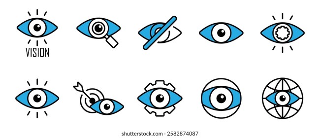 Business vision thin line icon vector set. Containing search, look, eye view, searching, telescope, blind, find setting, target, watching, eyesight, visibility, see, observe, spy, investigate, stock.