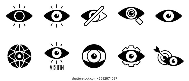 Business vision thin line icon vector set. Containing search, look, eye view, searching, telescope, blind, find setting, target, watching, eyesight, visibility, see, observe, spy, investigate, stock.